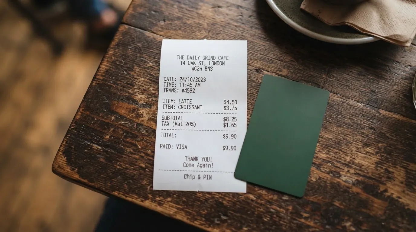 A receipt and a card on a café table