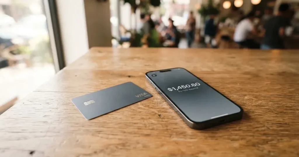 A payment card next to a phone with a crypto wallet app open