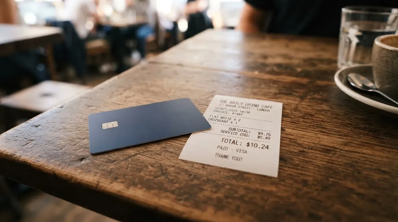 A receipt and a card on a café table