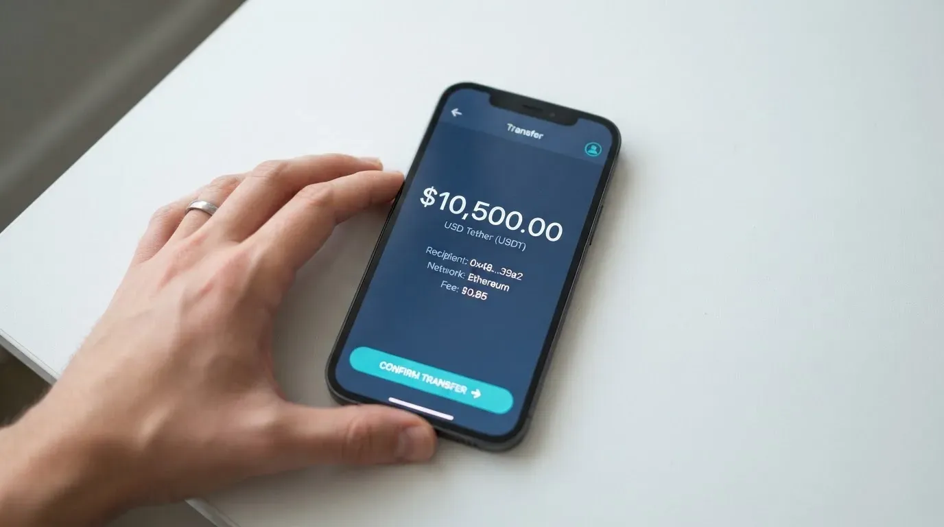 A phone showing a stablecoin transfer screen