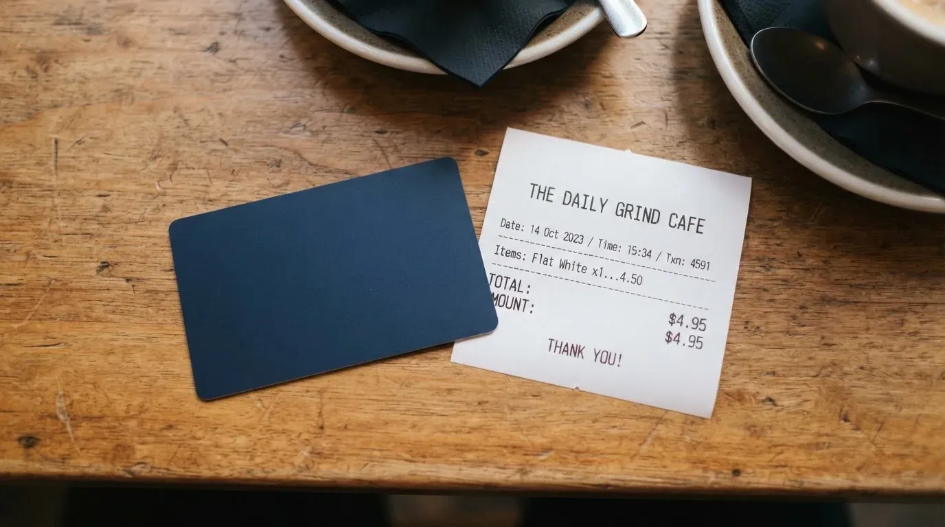A receipt and a card on a café table