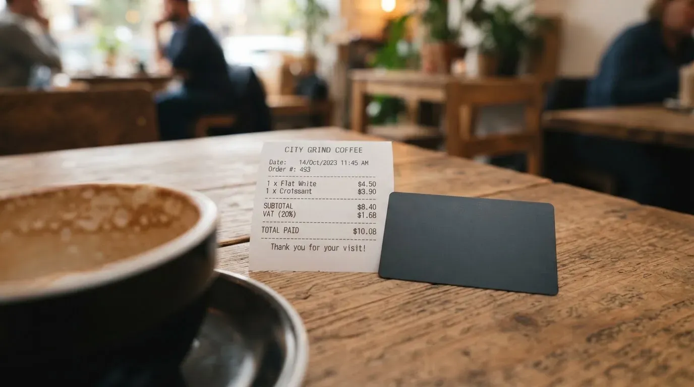 A receipt and a card on a café table
