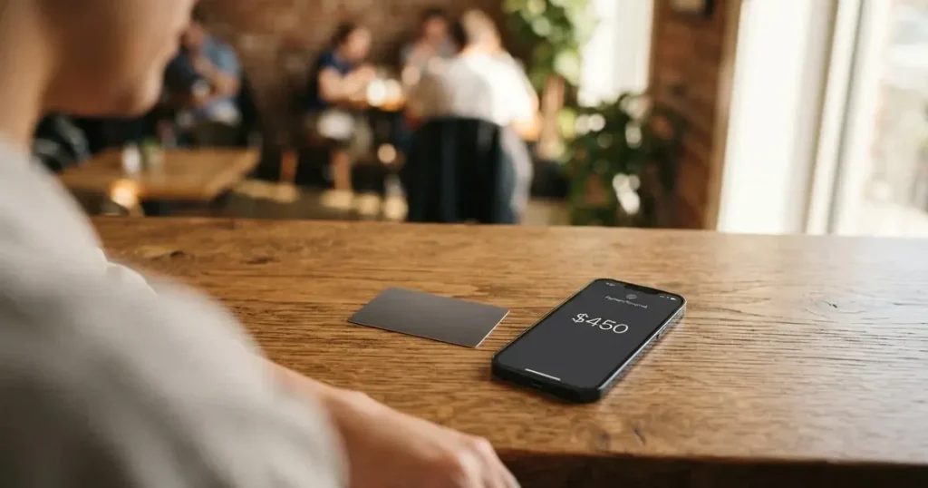 A payment card next to a phone with a crypto wallet app open