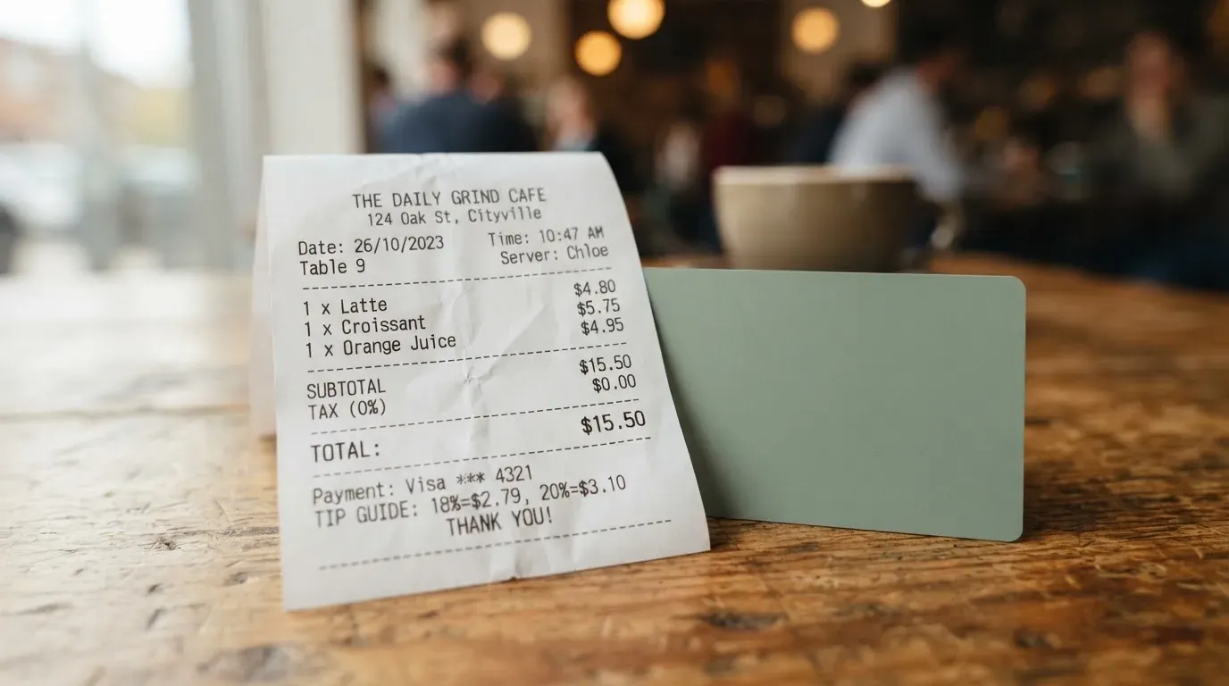 A receipt and a card on a café table