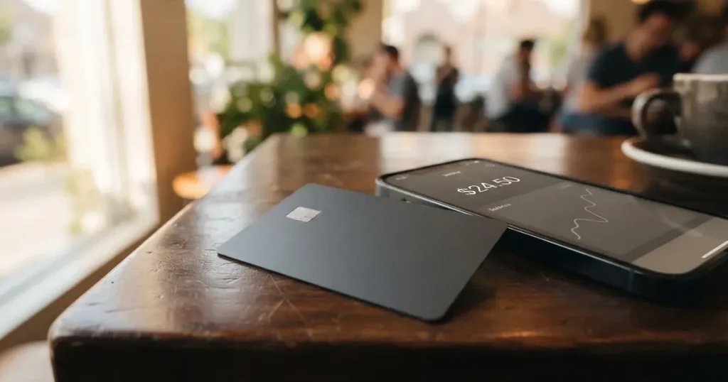 A payment card next to a phone with a crypto wallet app open