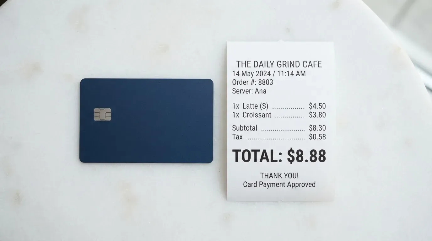 A receipt and a card on a café table