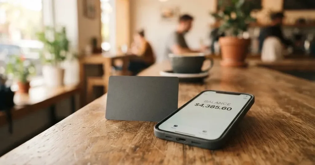A payment card next to a phone with a crypto wallet app open