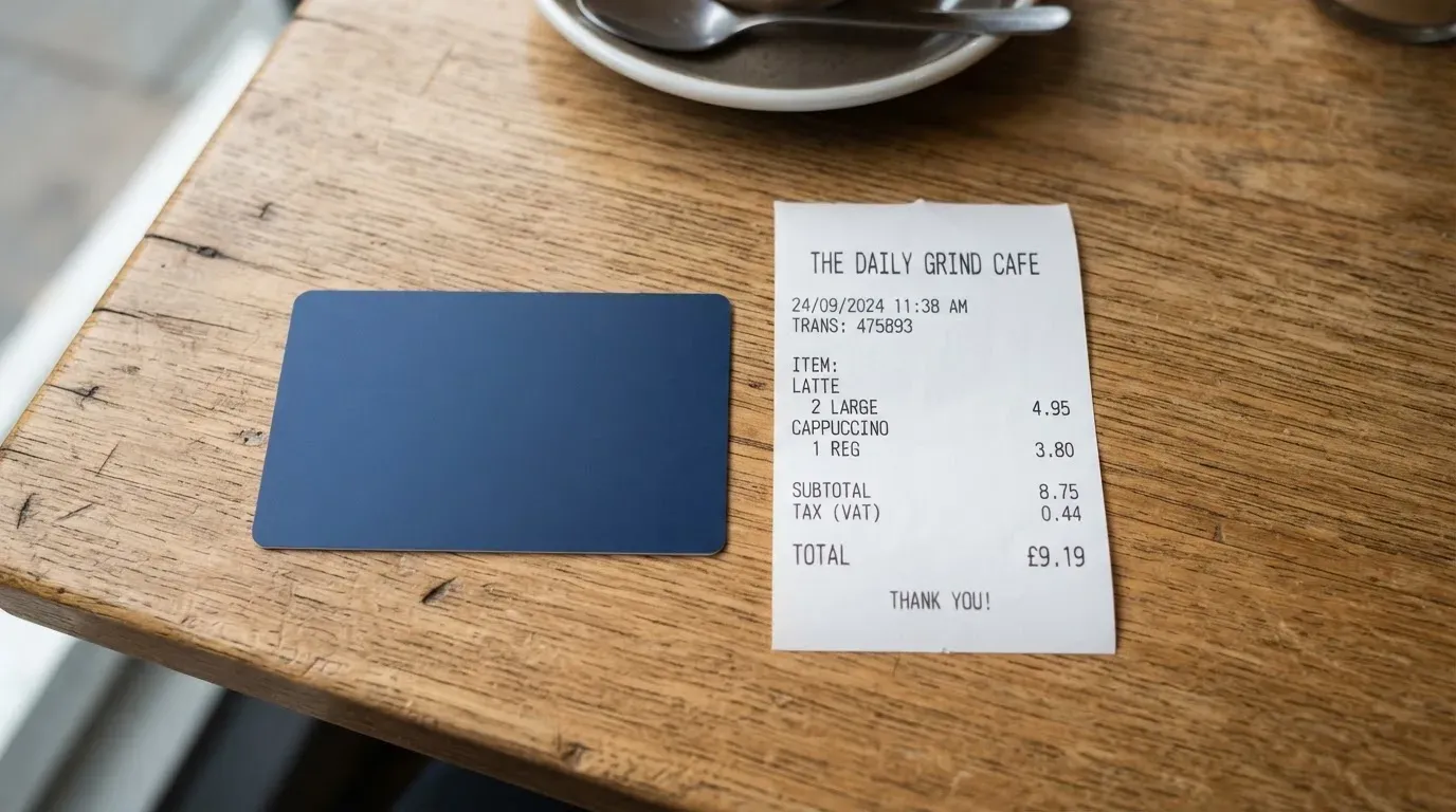 A receipt and a card on a café table