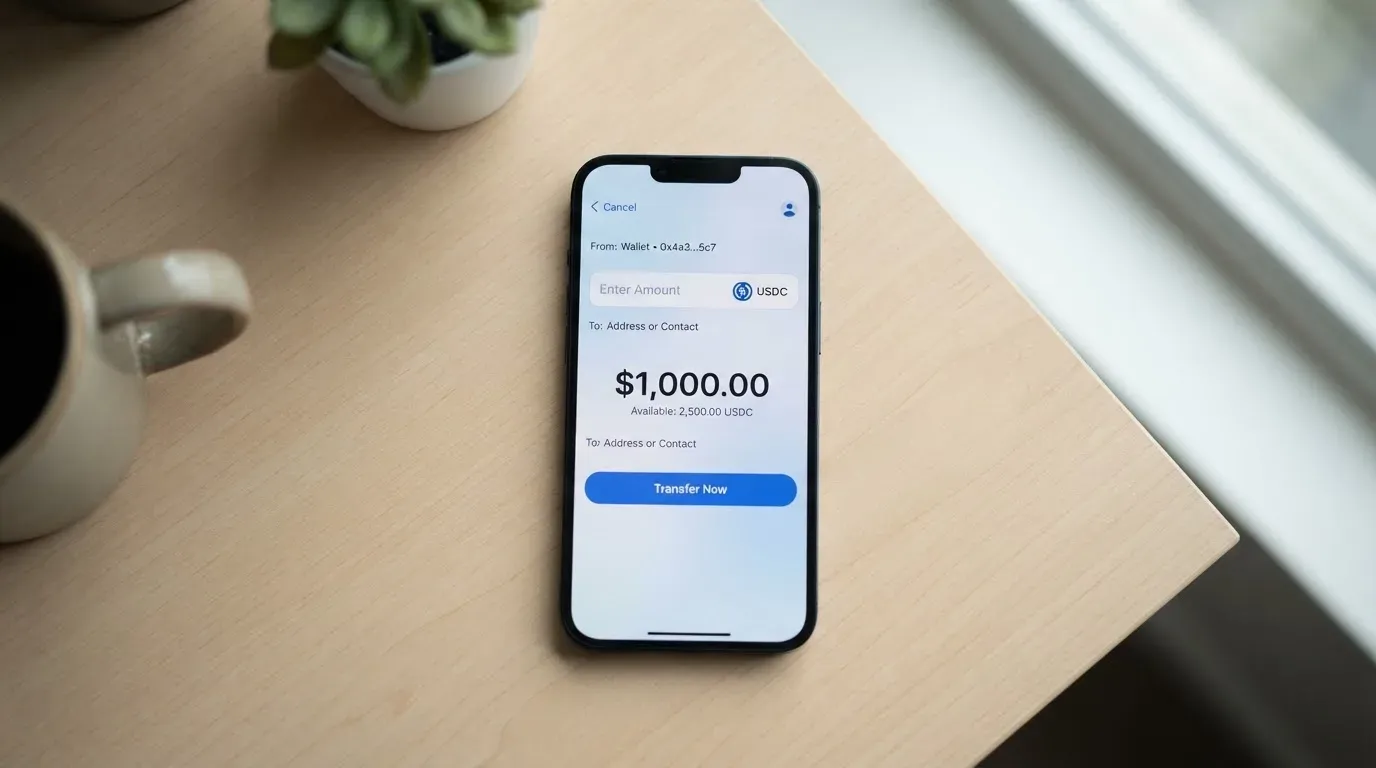 A phone showing a stablecoin transfer screen