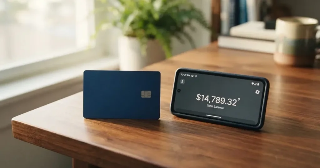 A payment card next to a phone with a crypto wallet app open