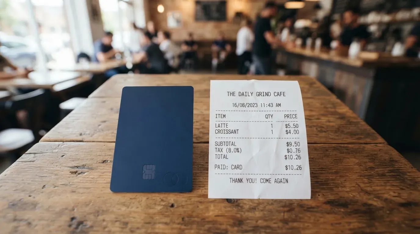 A receipt and a card on a café table