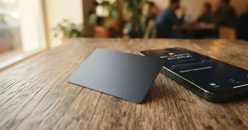A payment card next to a phone with a crypto wallet app open