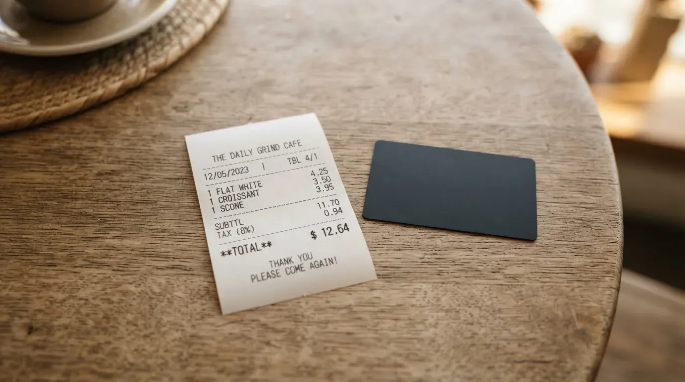 A receipt and a card on a café table