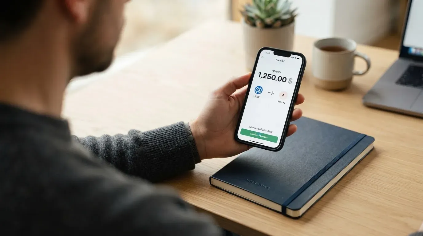 A phone showing a stablecoin transfer screen