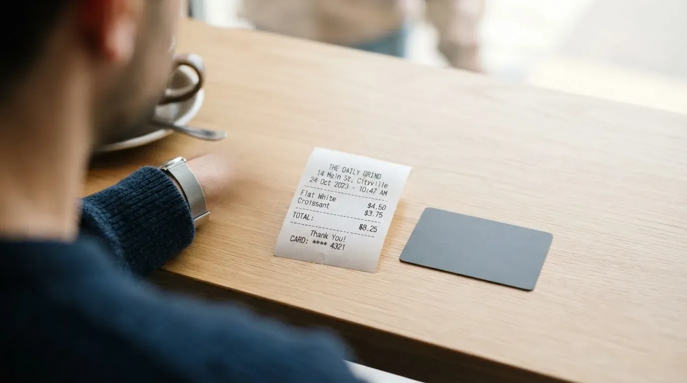 A receipt and a card on a café table