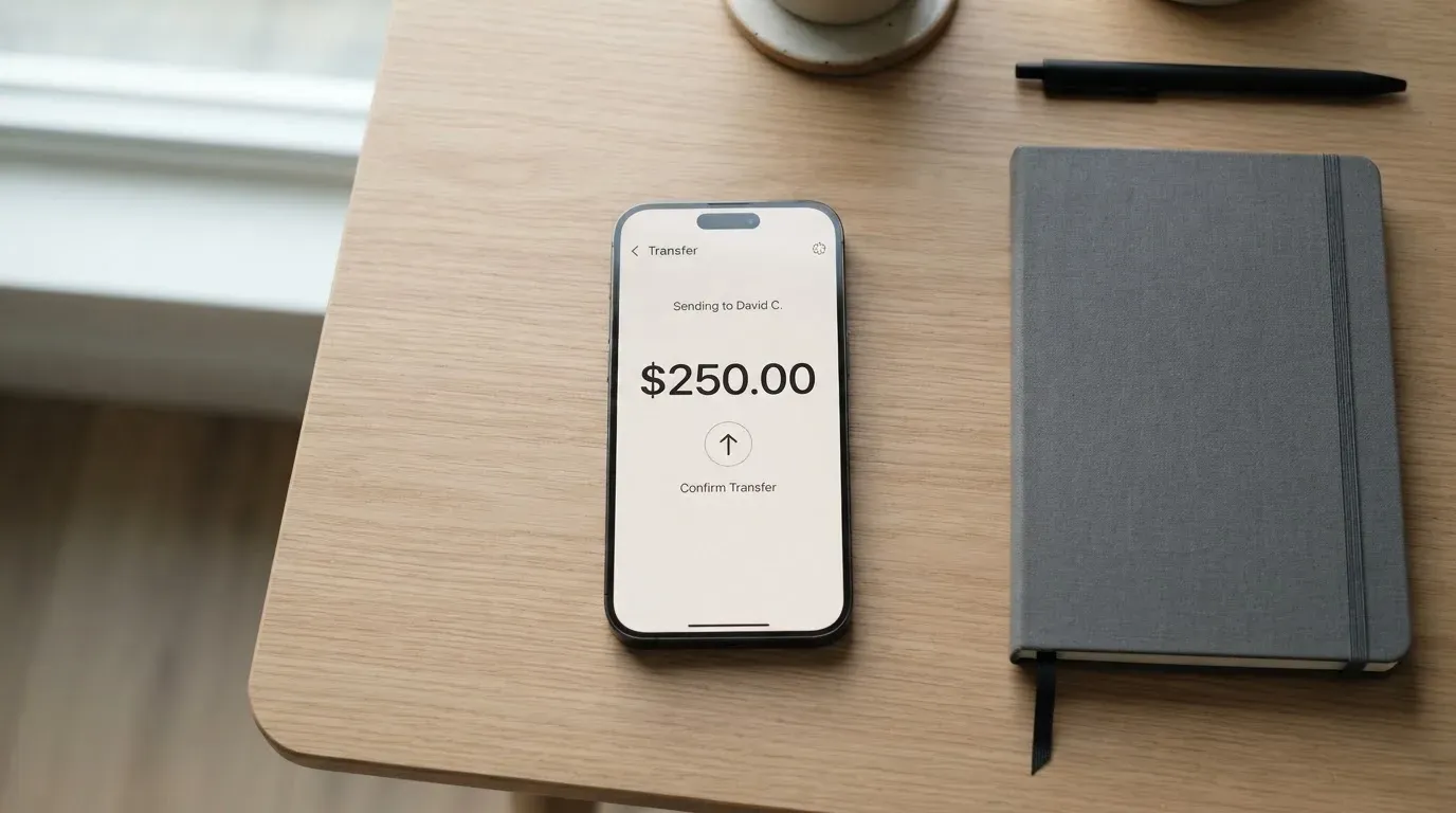 A phone showing a stablecoin transfer screen