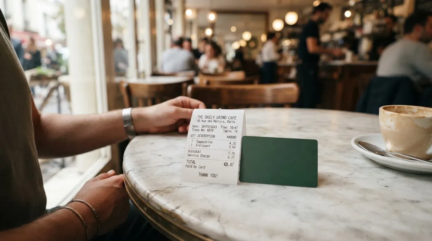 A receipt and a card on a café table