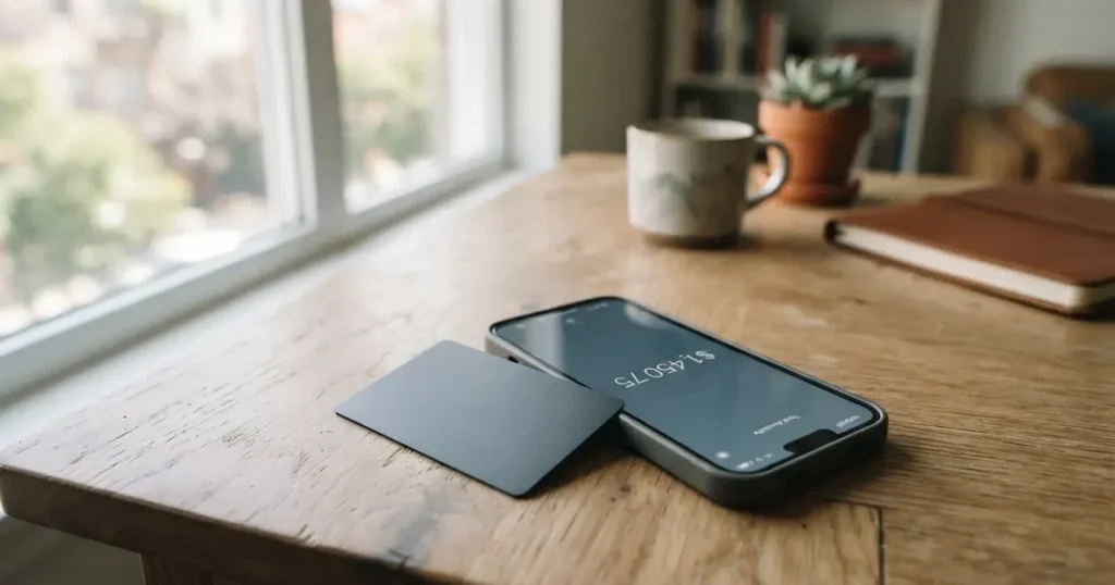 A payment card next to a phone with a crypto wallet app open