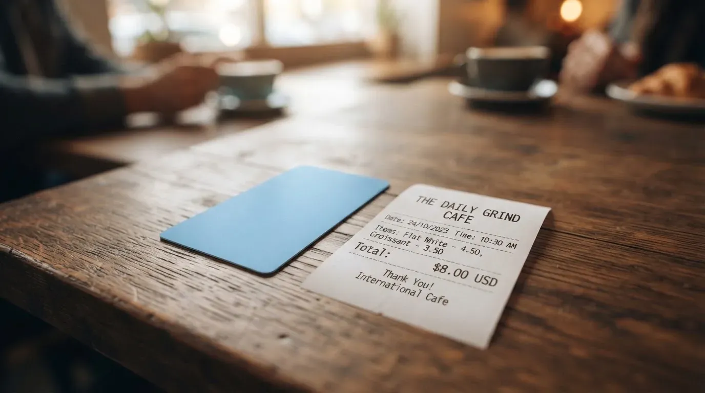 A receipt and a card on a café table