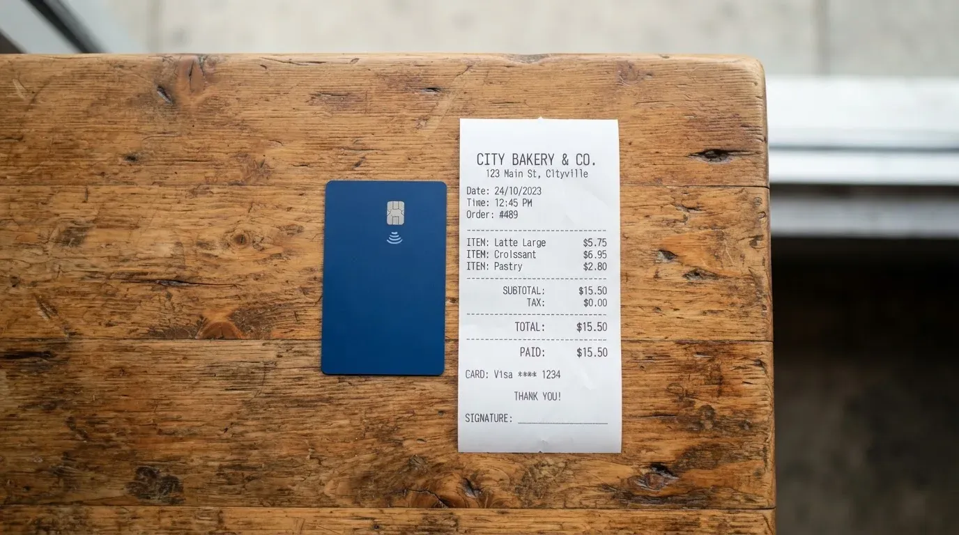 A receipt and a card on a café table