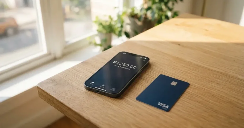 A payment card next to a phone with a crypto wallet app open