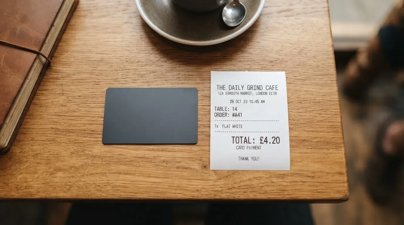 A receipt and a card on a café table
