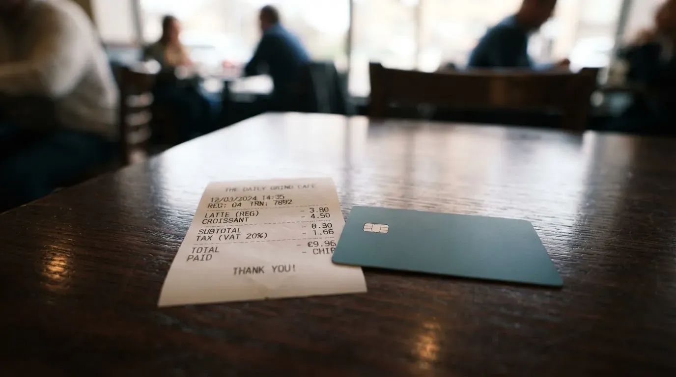 A receipt and a card on a café table
