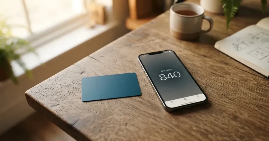 A payment card next to a phone with a crypto wallet app open