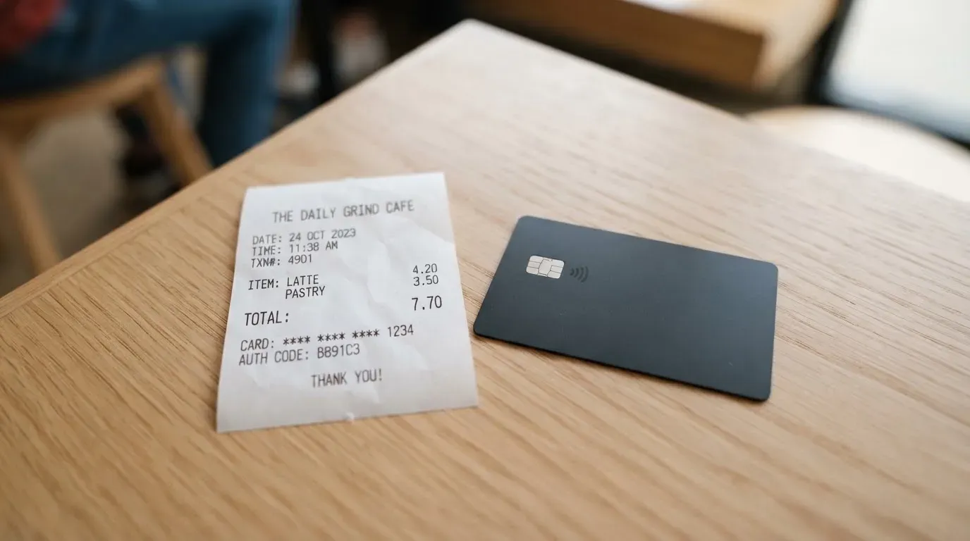 A receipt and a card on a café table