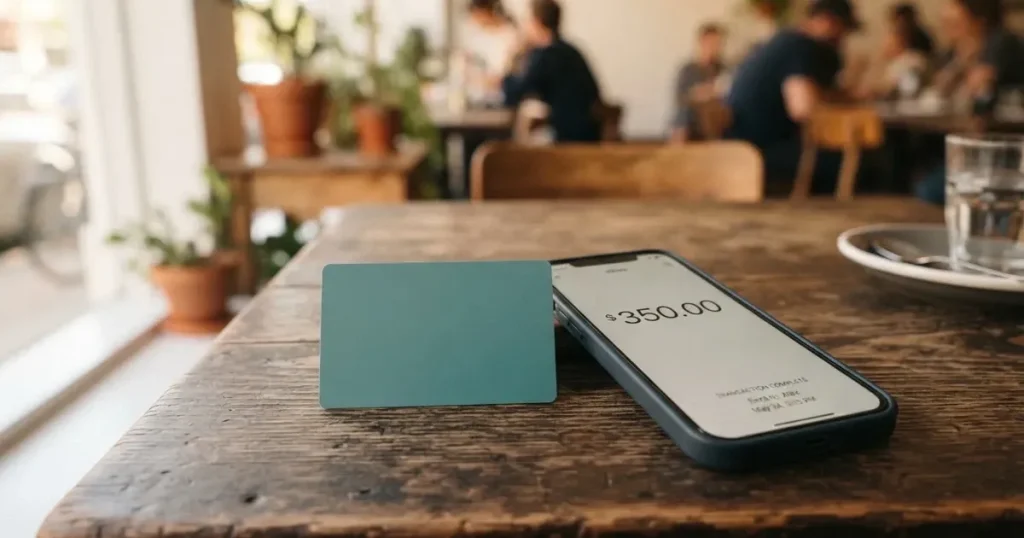 A payment card next to a phone with a crypto wallet app open