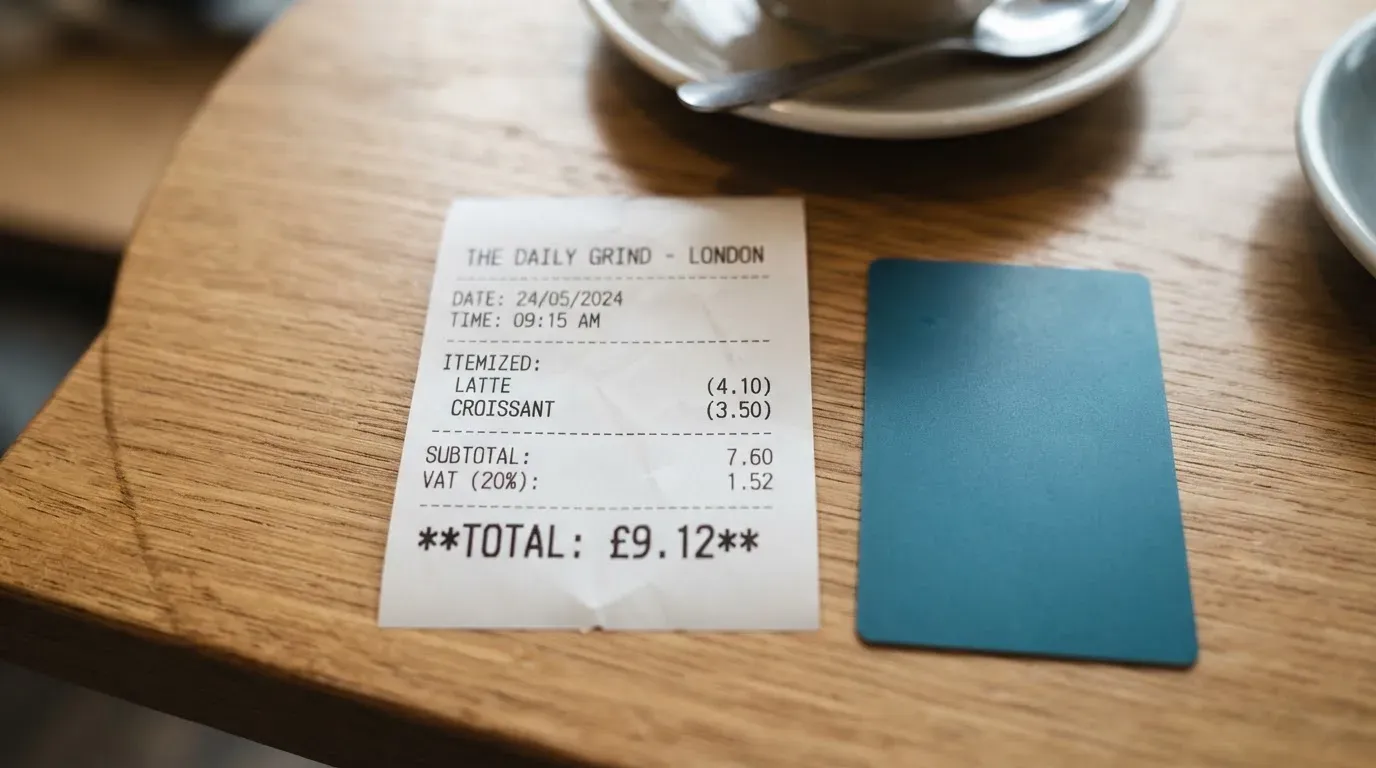 A receipt and a card on a café table