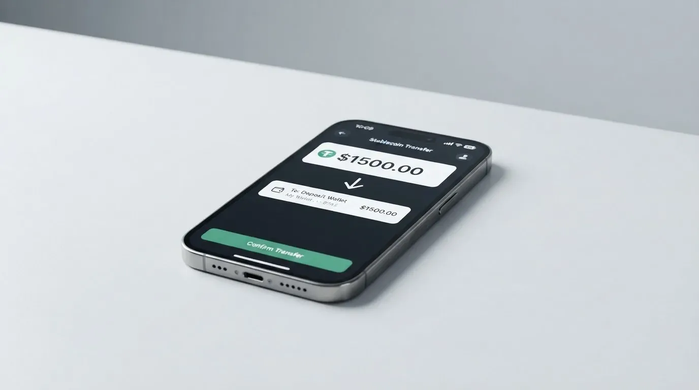 A phone showing a stablecoin transfer screen