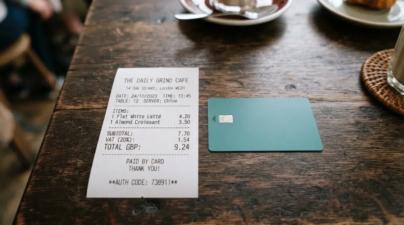 A receipt and a card on a café table
