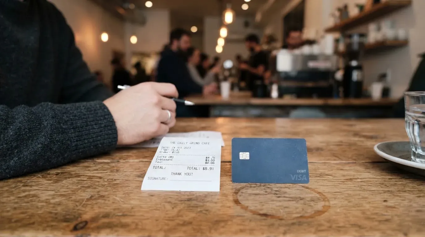 A receipt and a card on a café table
