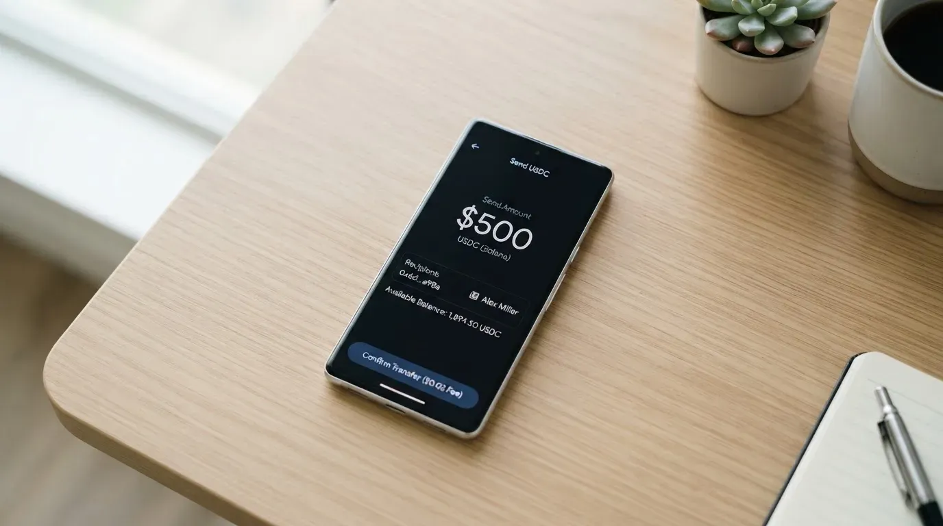 A phone showing a stablecoin transfer screen