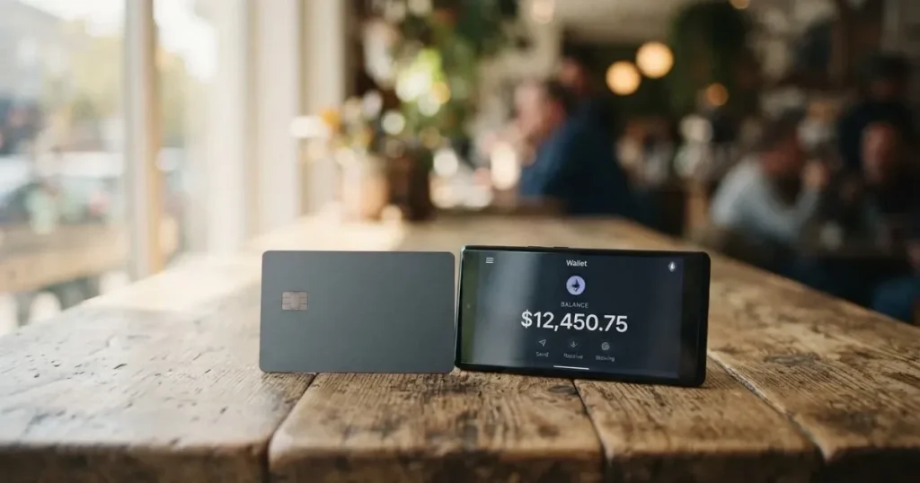 A payment card next to a phone with a crypto wallet app open
