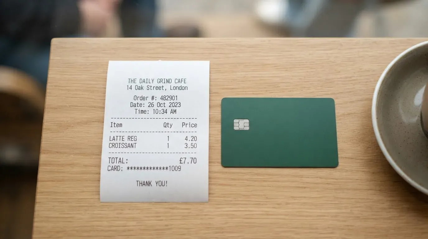 A receipt and a card on a café table