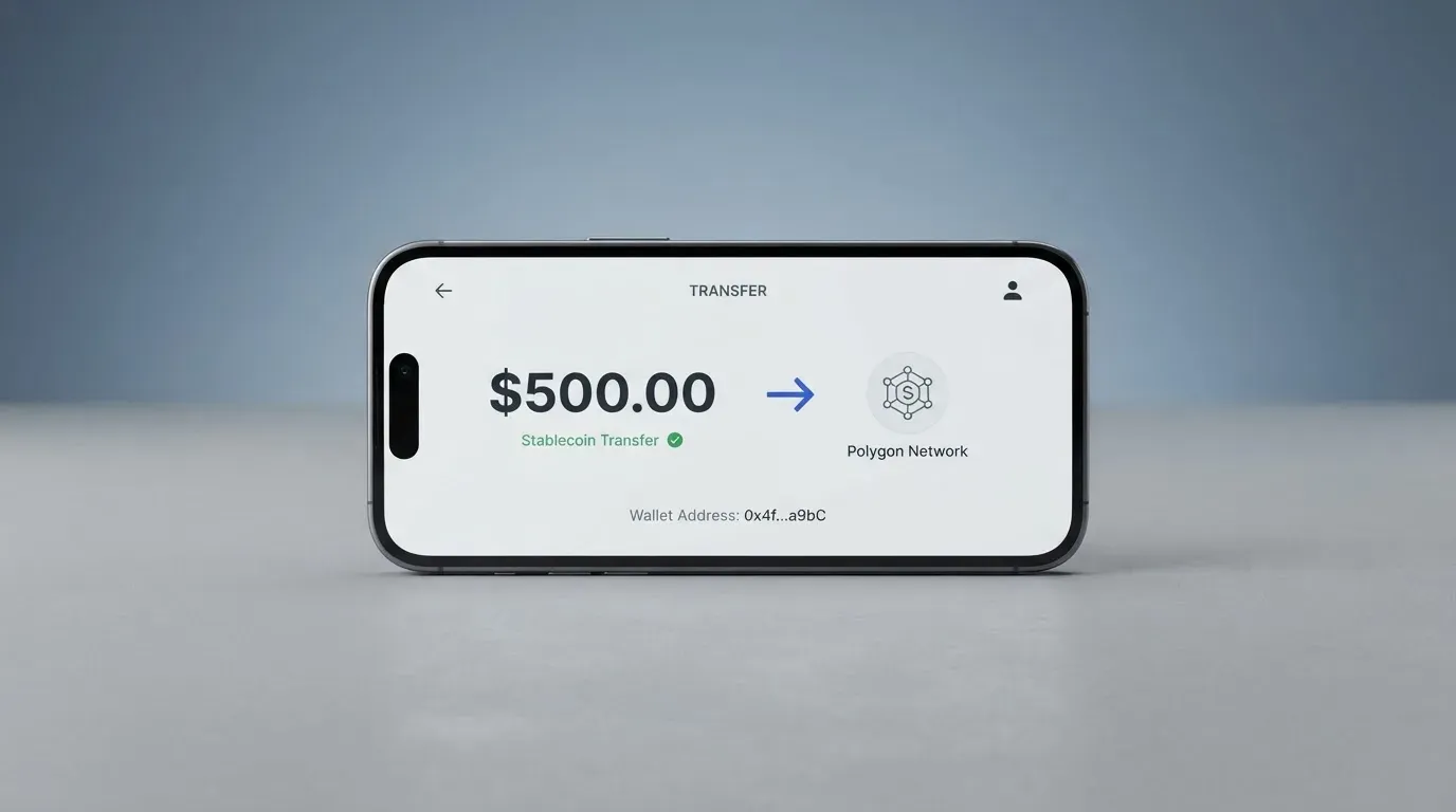 A phone showing a stablecoin transfer screen