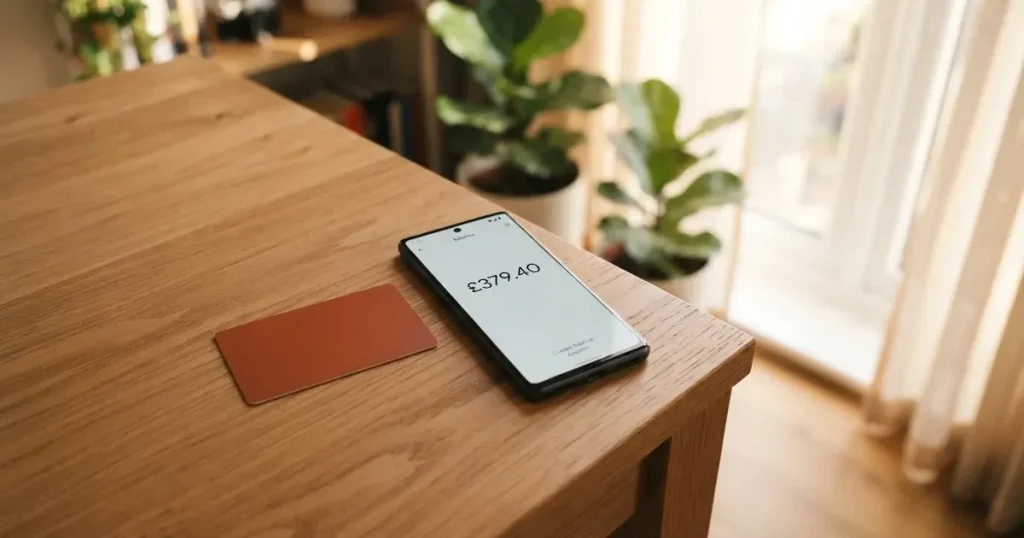 A payment card next to a phone with a crypto wallet app open
