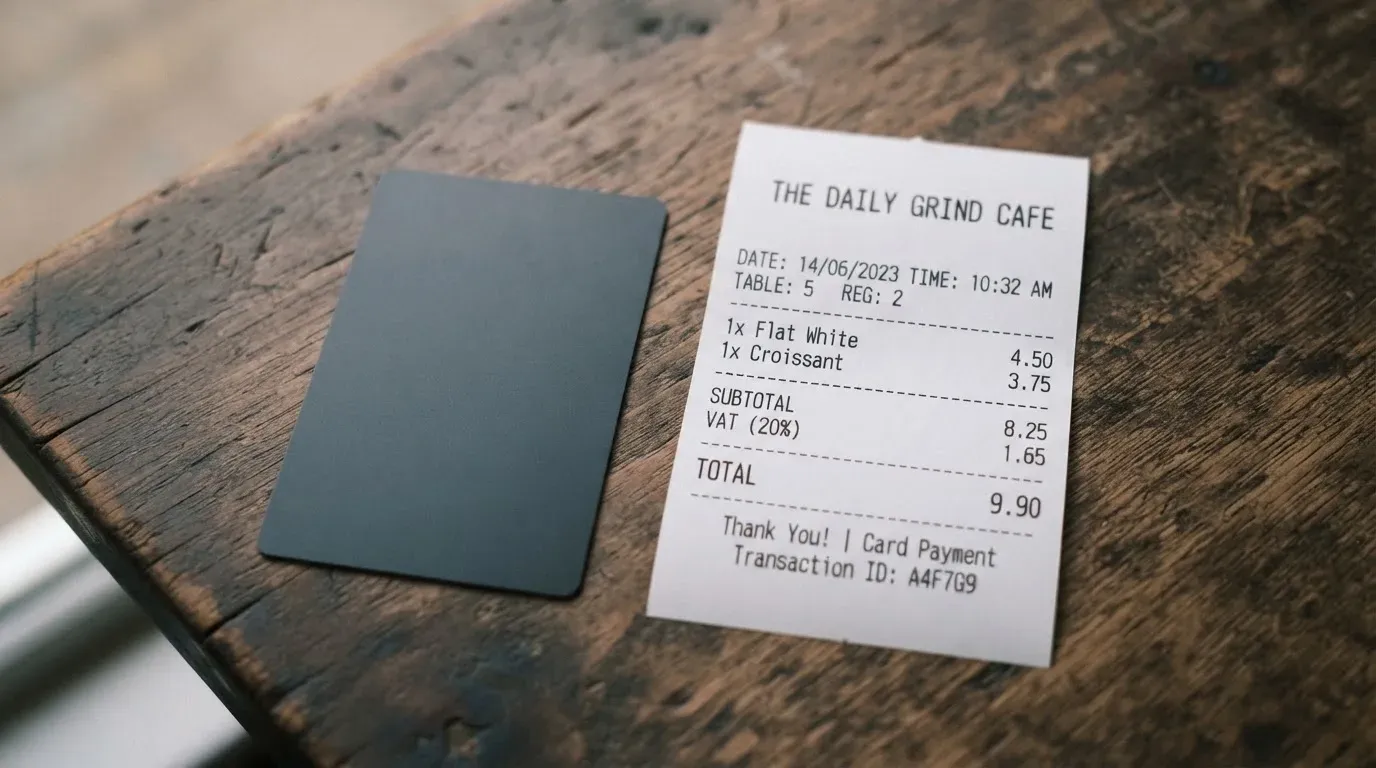 A receipt and a card on a café table