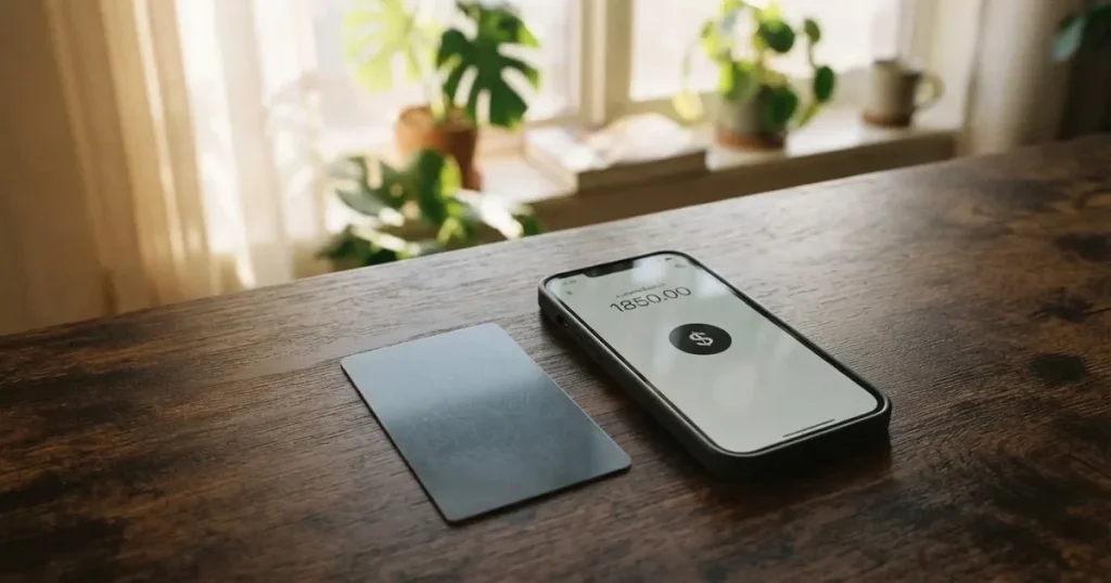 A payment card next to a phone with a crypto wallet app open