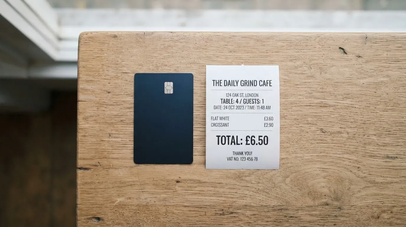 A receipt and a card on a café table