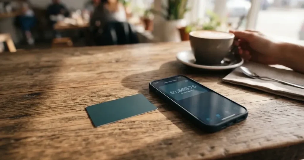 A payment card next to a phone with a crypto wallet app open