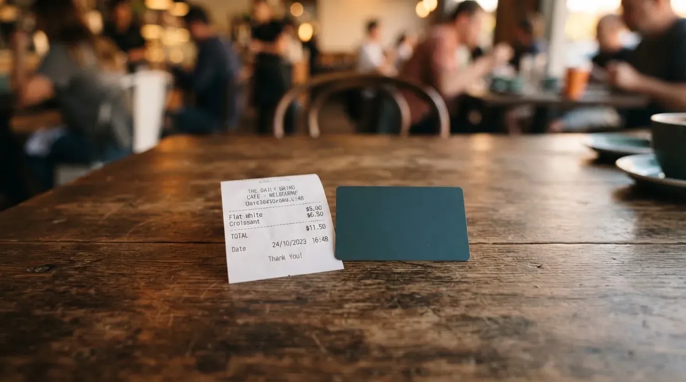 A receipt and a card on a café table