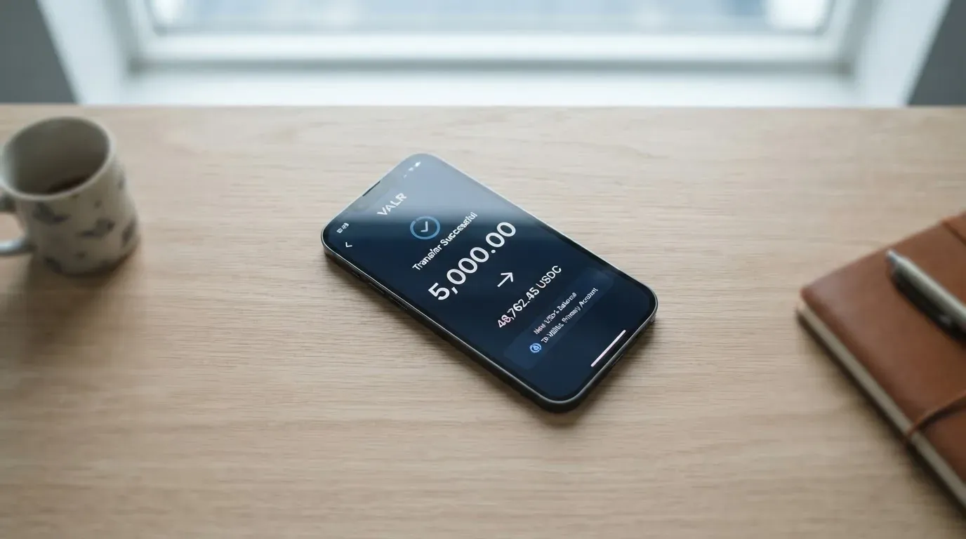 A phone showing a stablecoin transfer screen