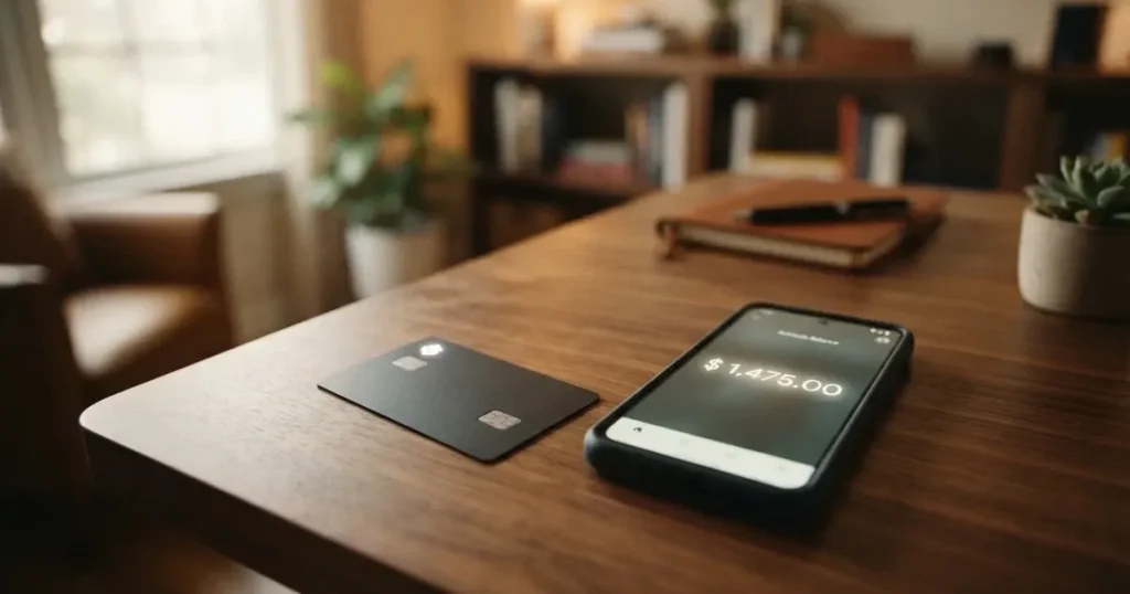 A payment card next to a phone with a crypto wallet app open