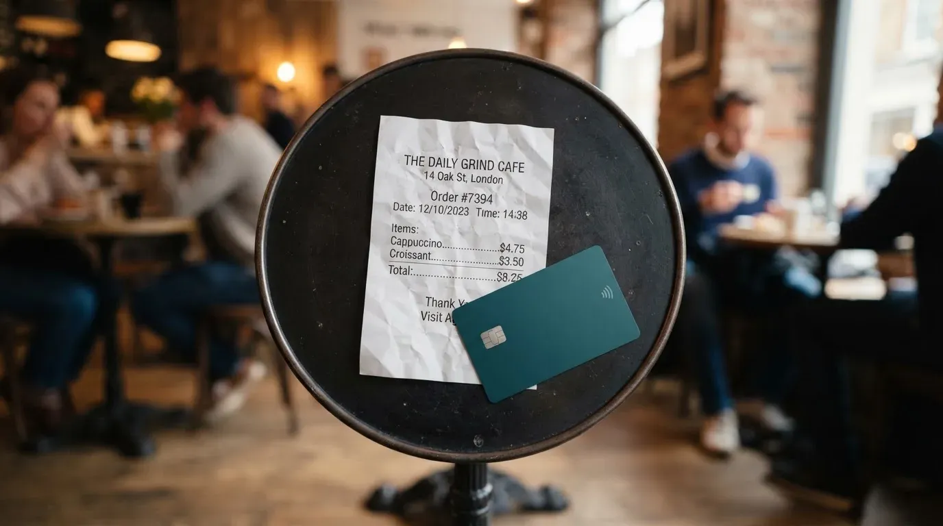A receipt and a card on a café table