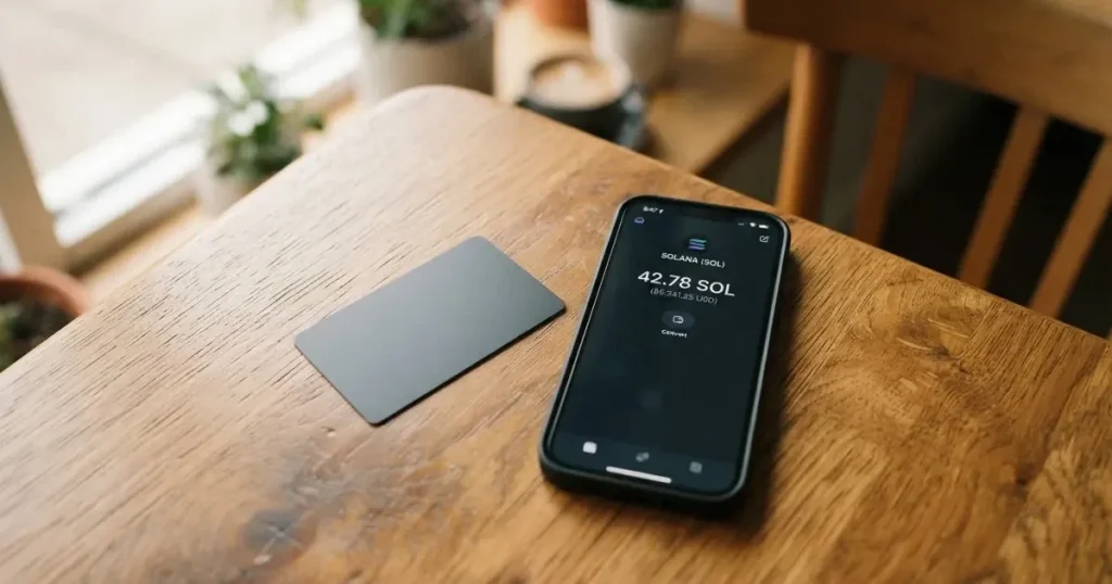 A payment card next to a phone with a crypto wallet app open