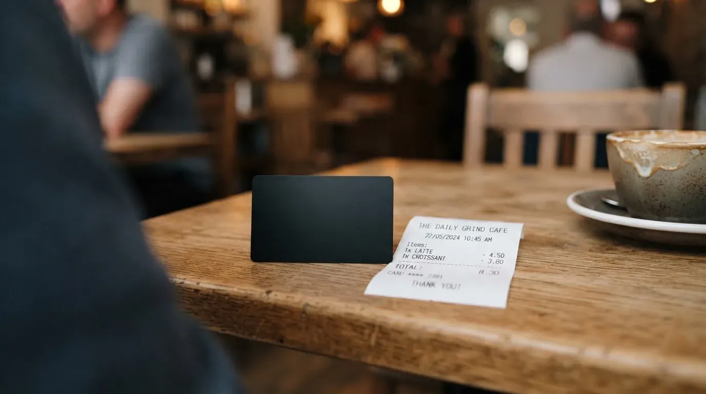 A receipt and a card on a café table