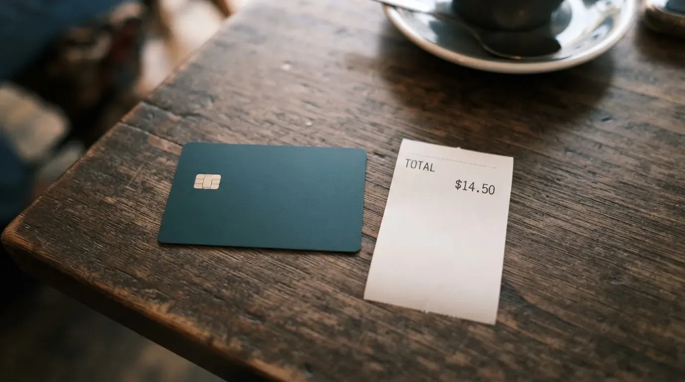 A receipt and a card on a café table